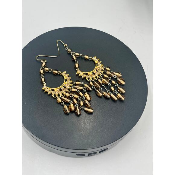 Gold-tone Chandelier Earrings featuring Faceted Amber Brown Glass Beads - Picture 6 of 6